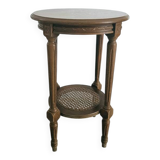 Antique marquetry side table in wood and cane.