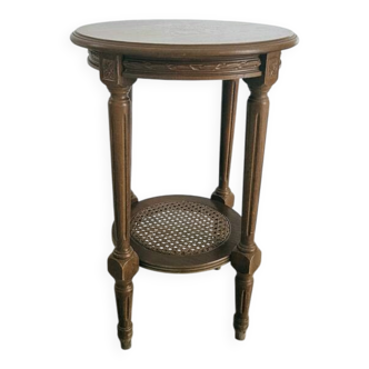 Antique marquetry side table in wood and cane.