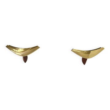 Paire d'appliques vintage en bois exotique et laiton, Italie 1980