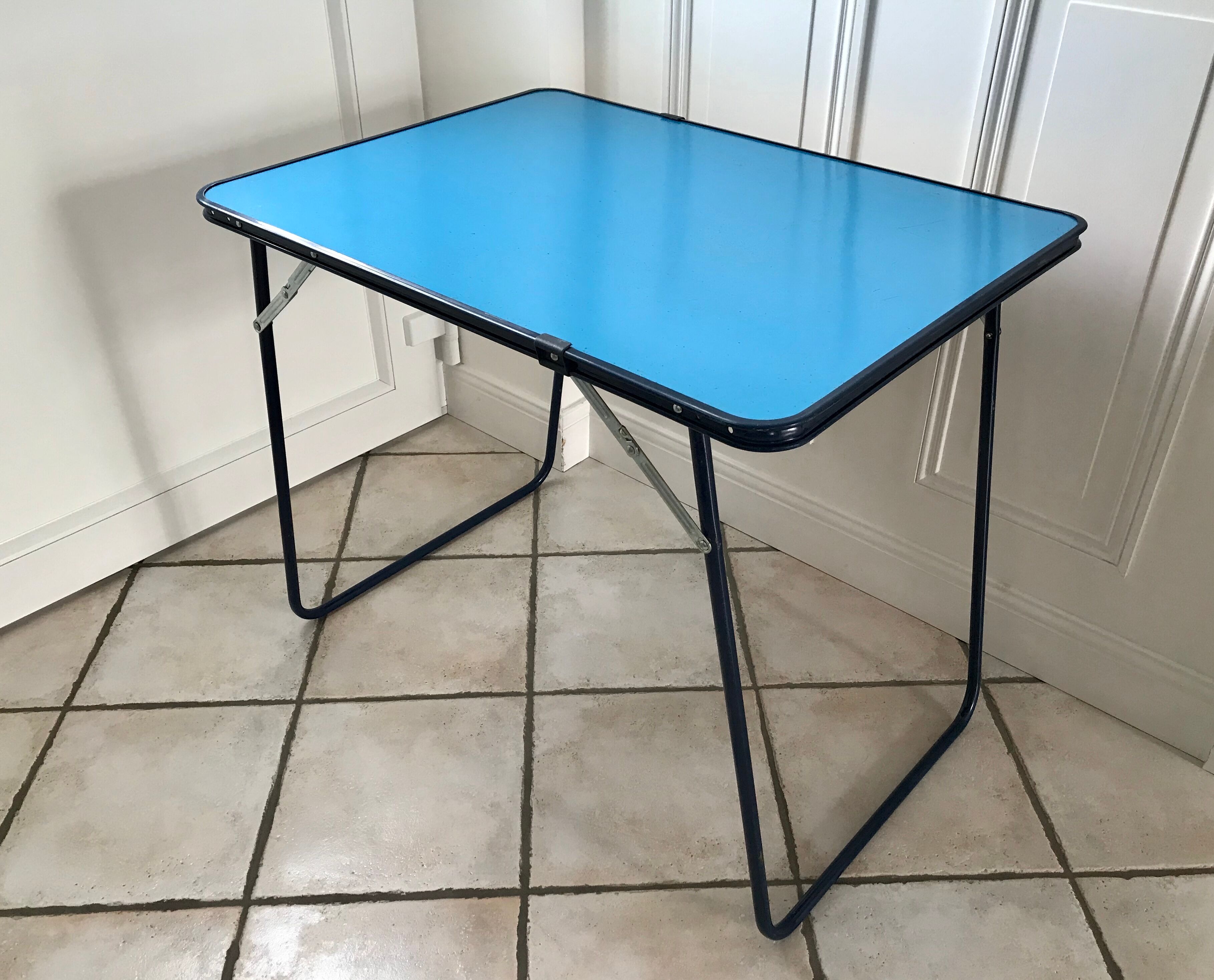 Folding camping table in sky blue formica 70s