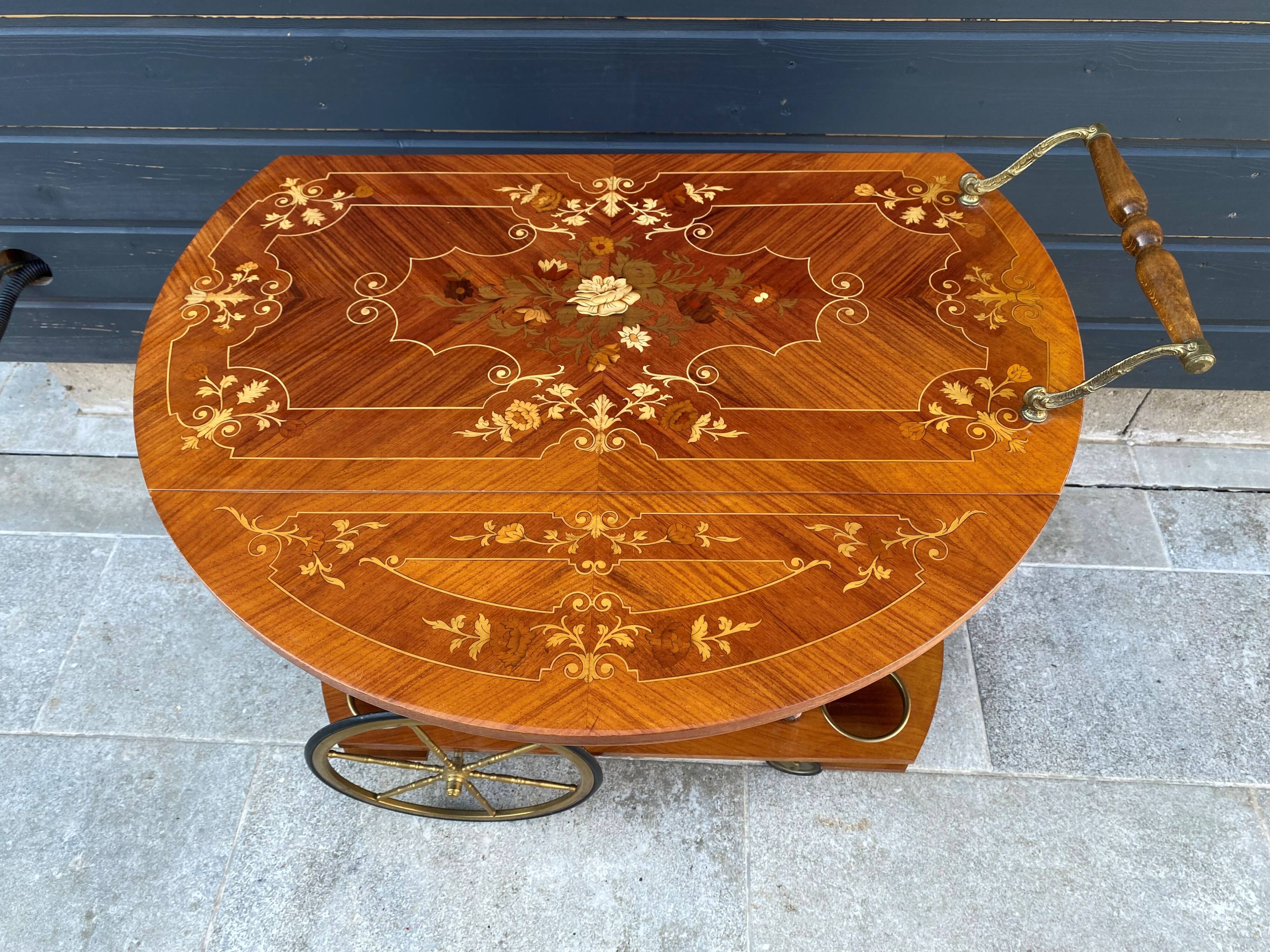 Round folding serving trolley with vintage bar marquetry on wheels, 1950s