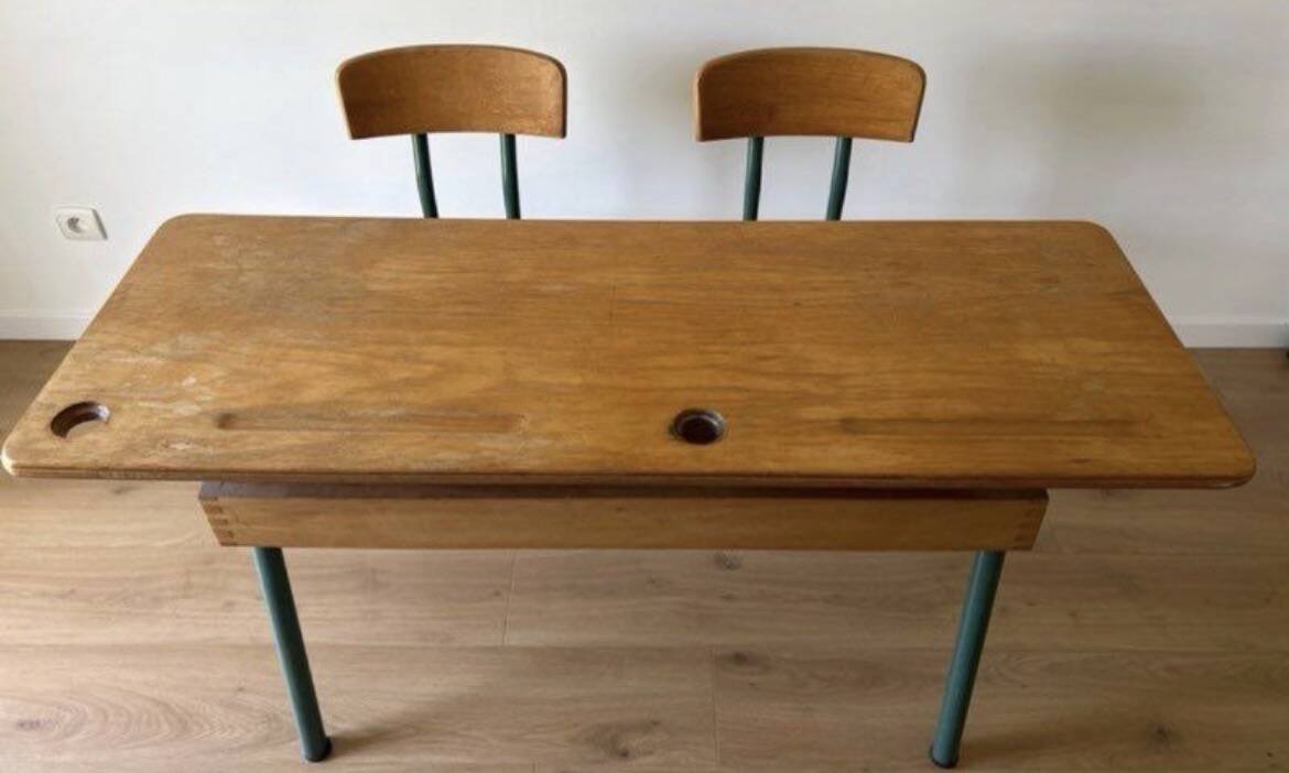 Vintage double school desk with 2 inkwells.