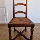 Marquetry wooden dining table with its 6 chairs.