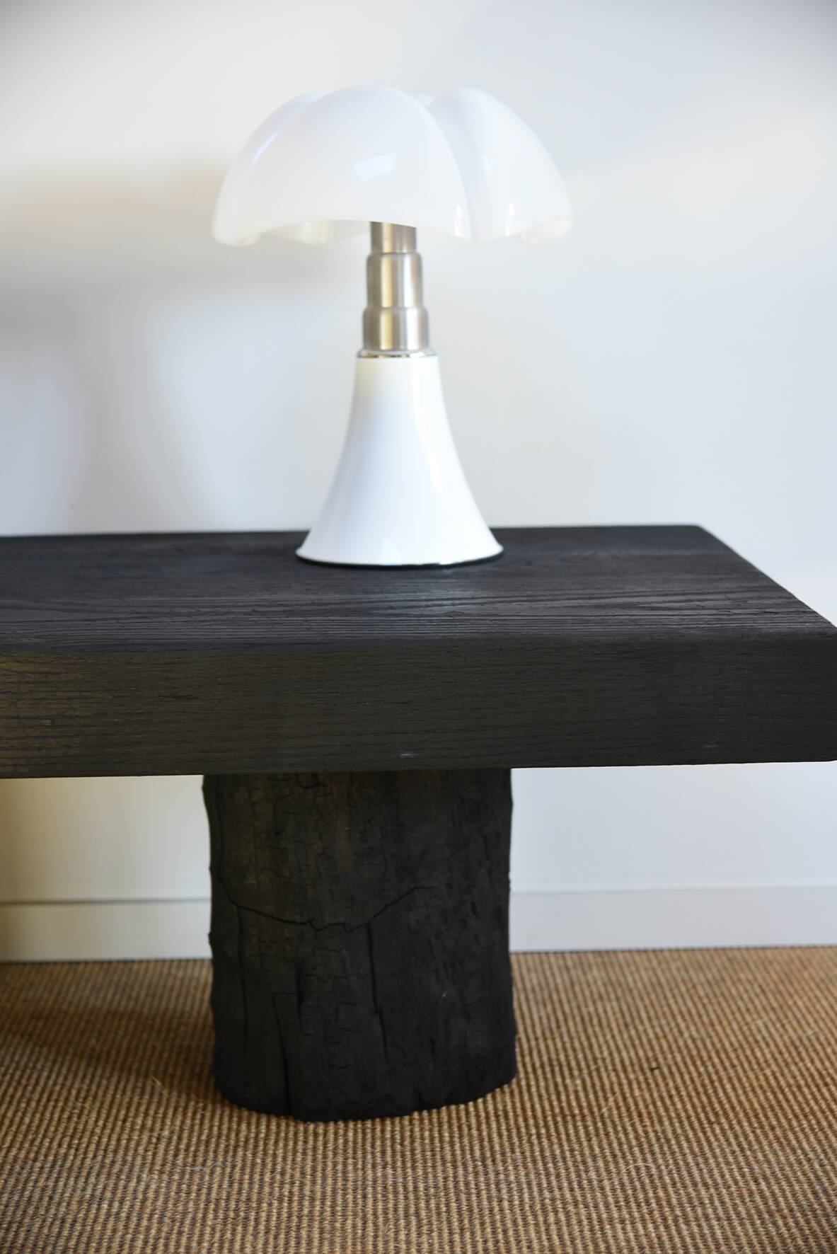 Log coffee table with burnt wood finish, shou-sugi-ban