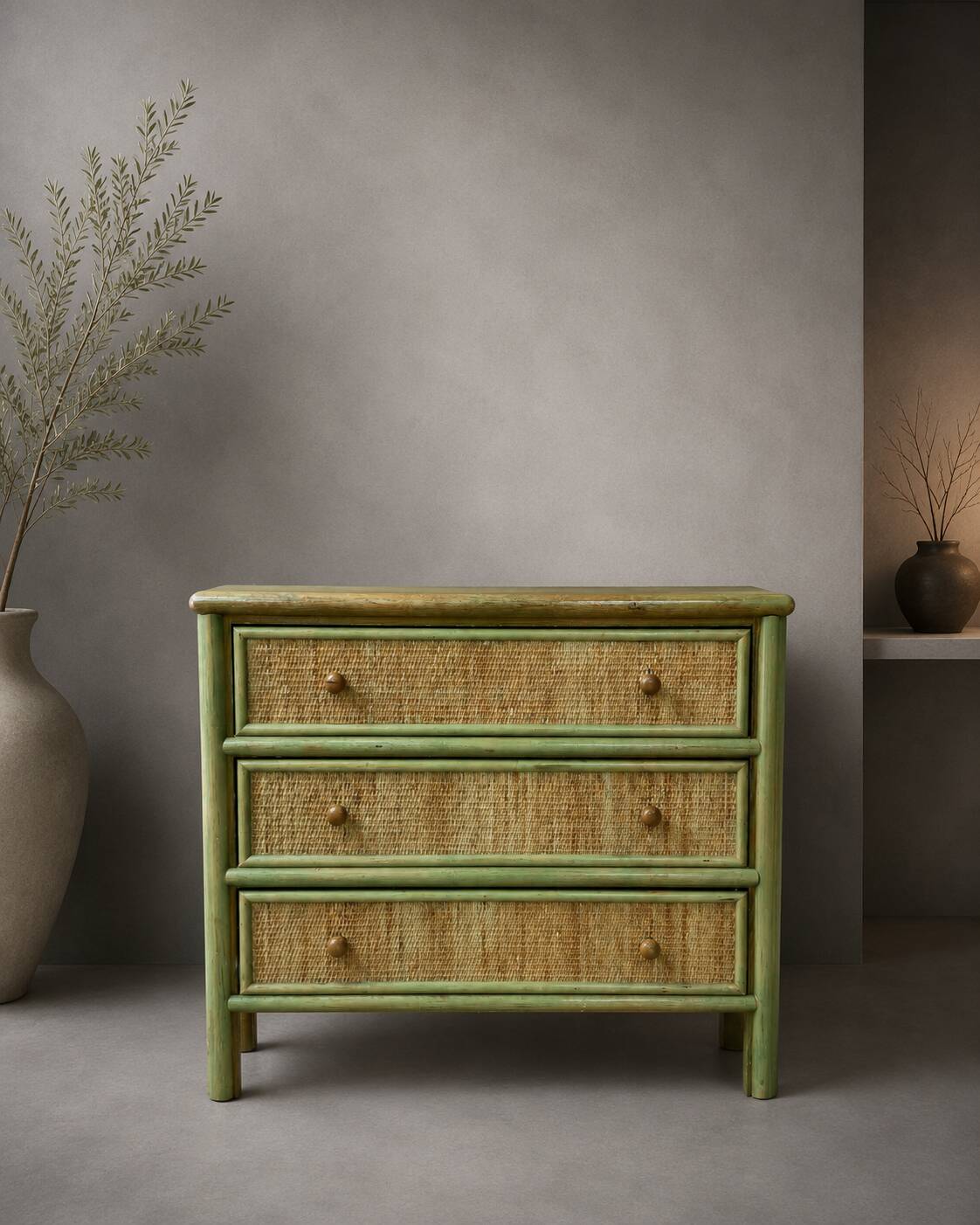 Small green caned chest of drawers - 1980s
