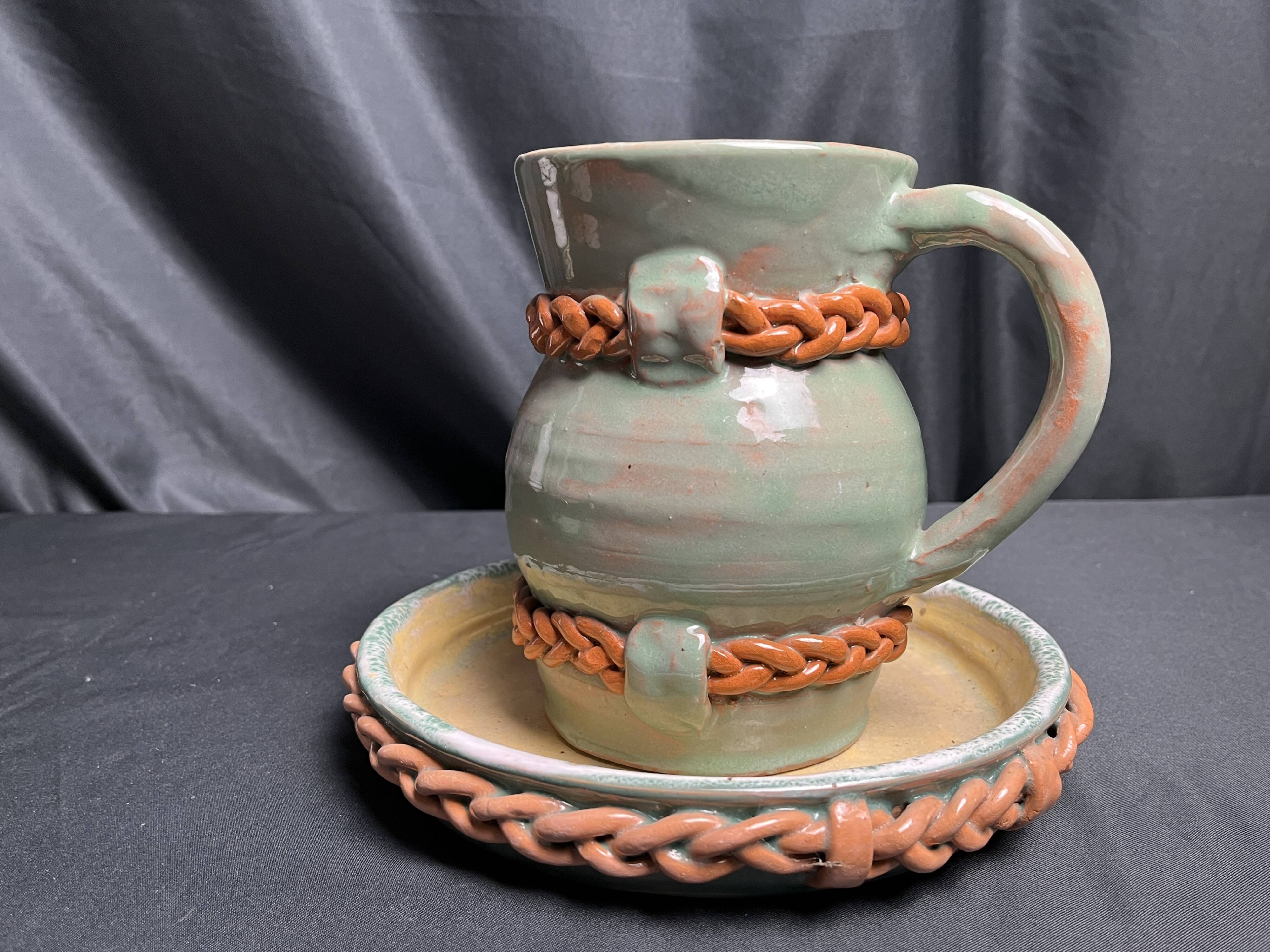 Vintage set of pitcher and saucer, Puisaye stoneware, 20th century