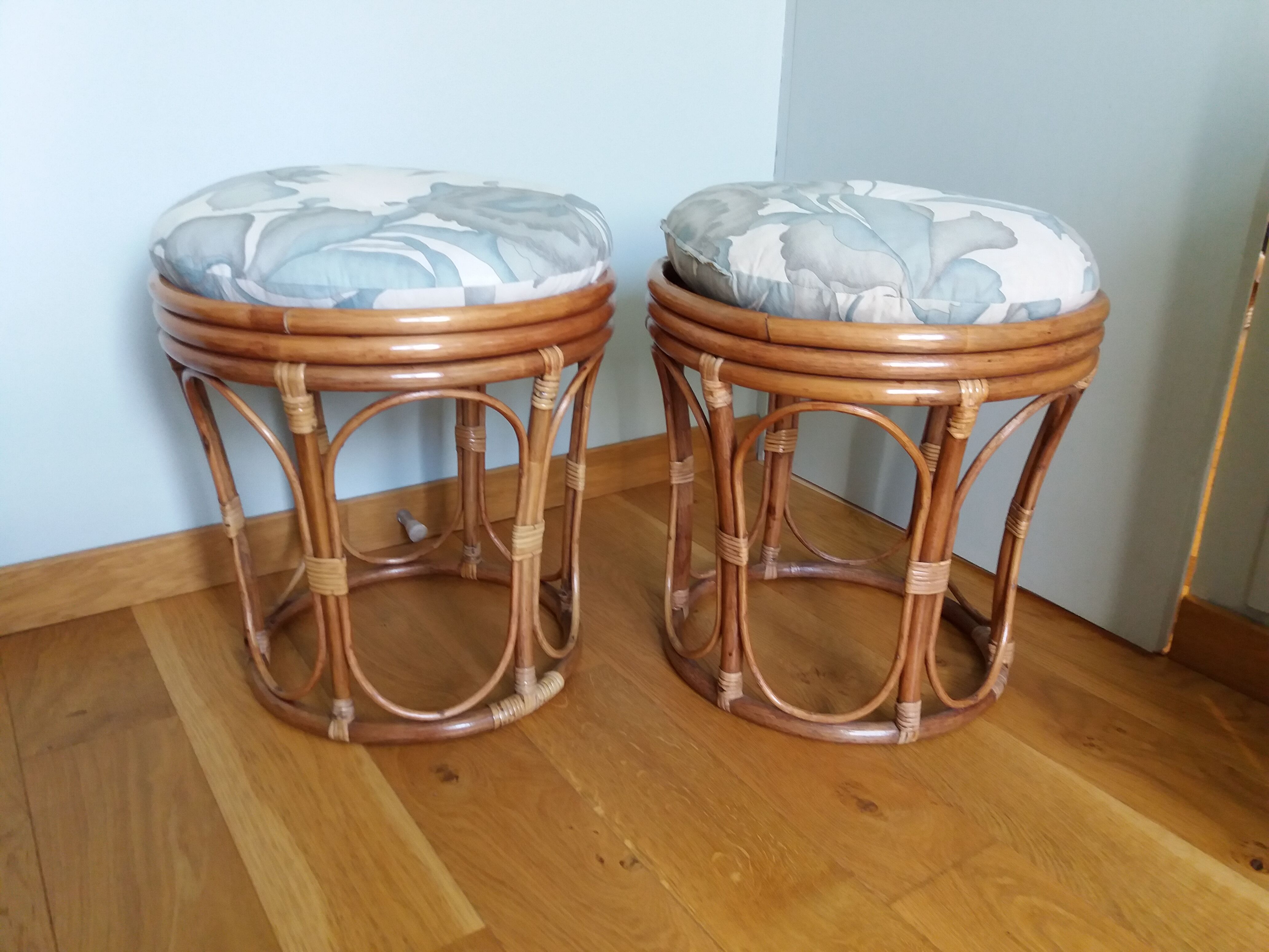 Pair of wicker rattan stool poufs