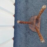 Pretty wooden stool with half moon seat and turned wooden tripod base