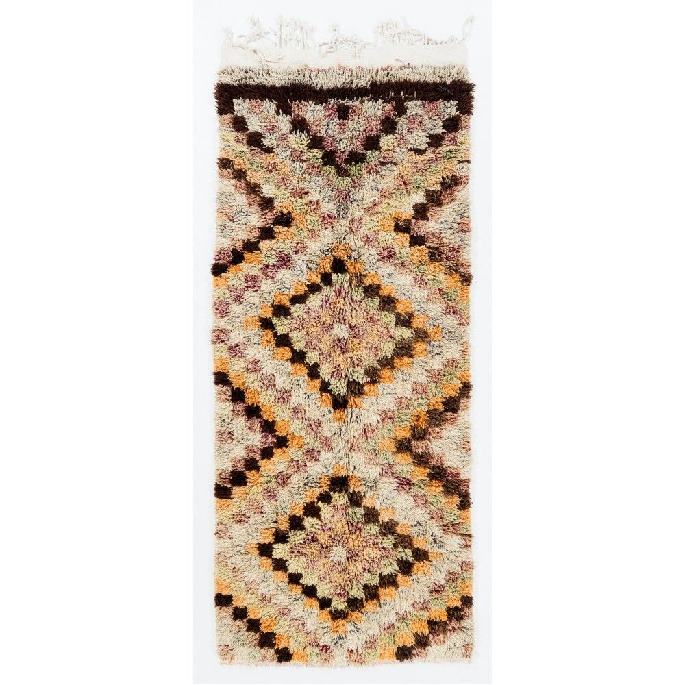 Vintage Hand-Knotted Tulu Runner Rug with Geometric Diamond Design in Cream, Brown and Orange, 100% Wool