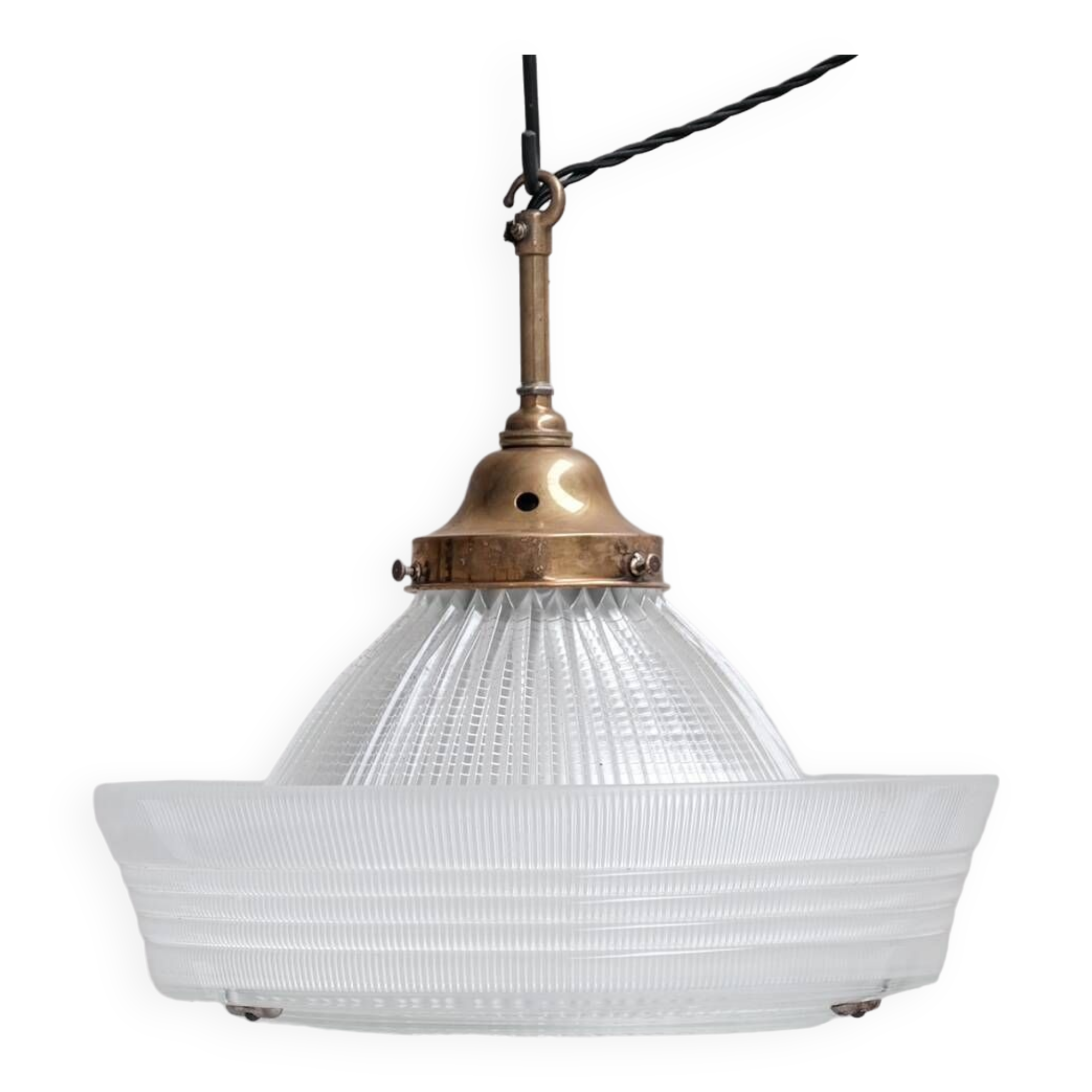 Glass and Brass Holophane Antique Pendant Light
