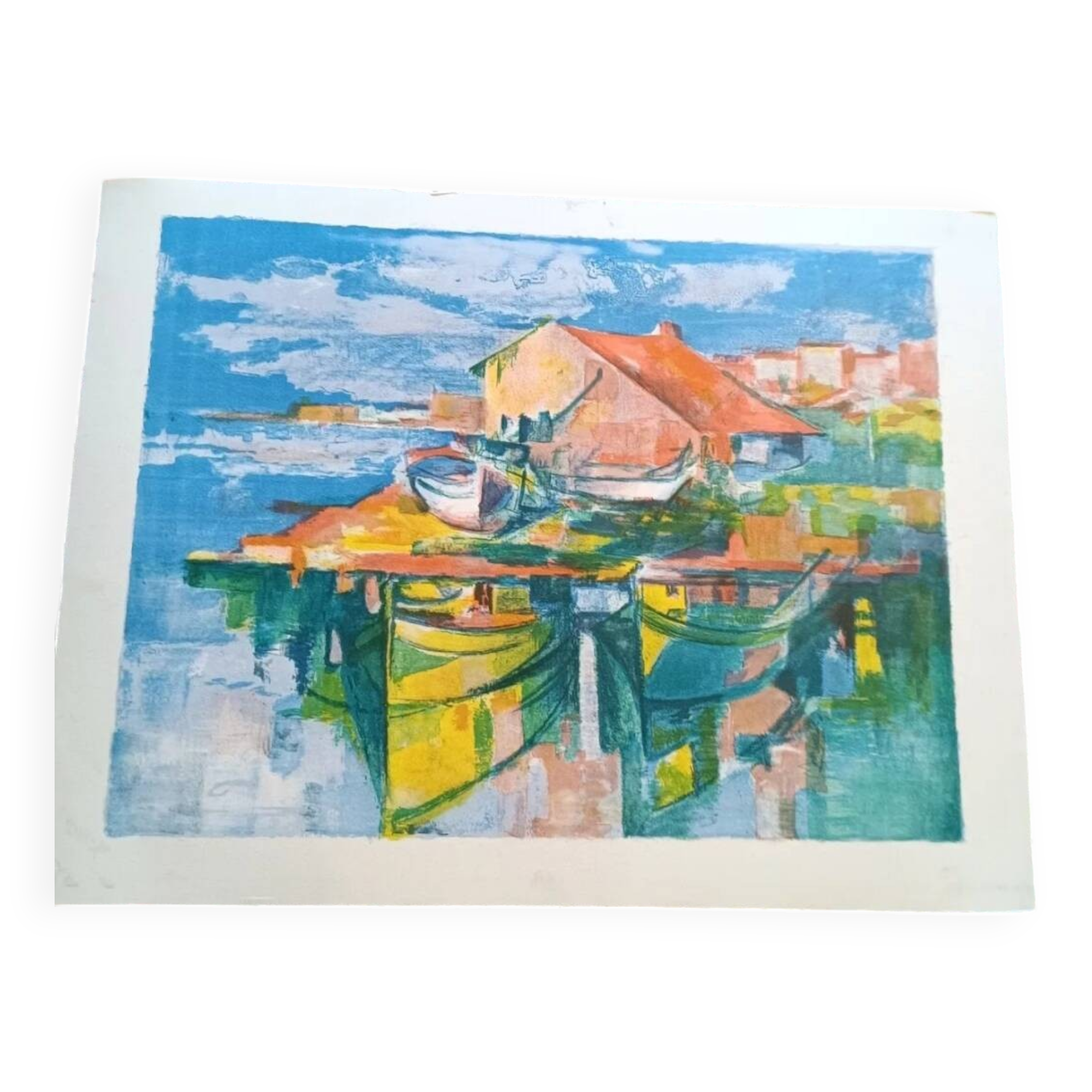 Lithograph José Palmeiro unsigned Spain Marina with boats 50x66 cm