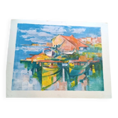 Lithograph José Palmeiro unsigned Spain Marina with boats 50x66 cm