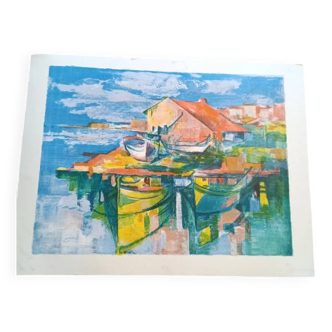 Lithographie José Palmeiro non signée Espagne Marina avec bateaux