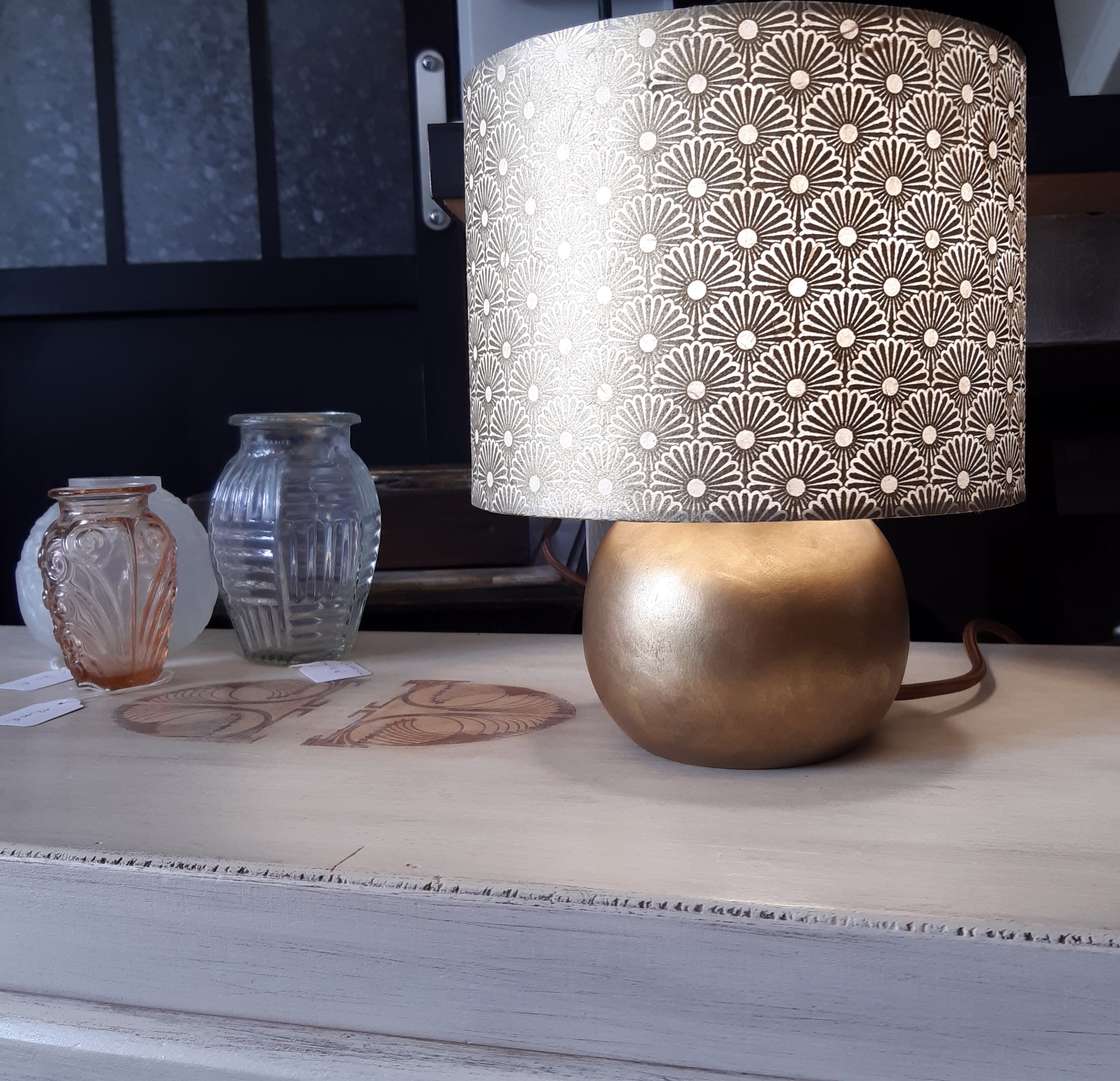 Extra lamp foot ball wood, gold patina, lampshade paper patterns art deco