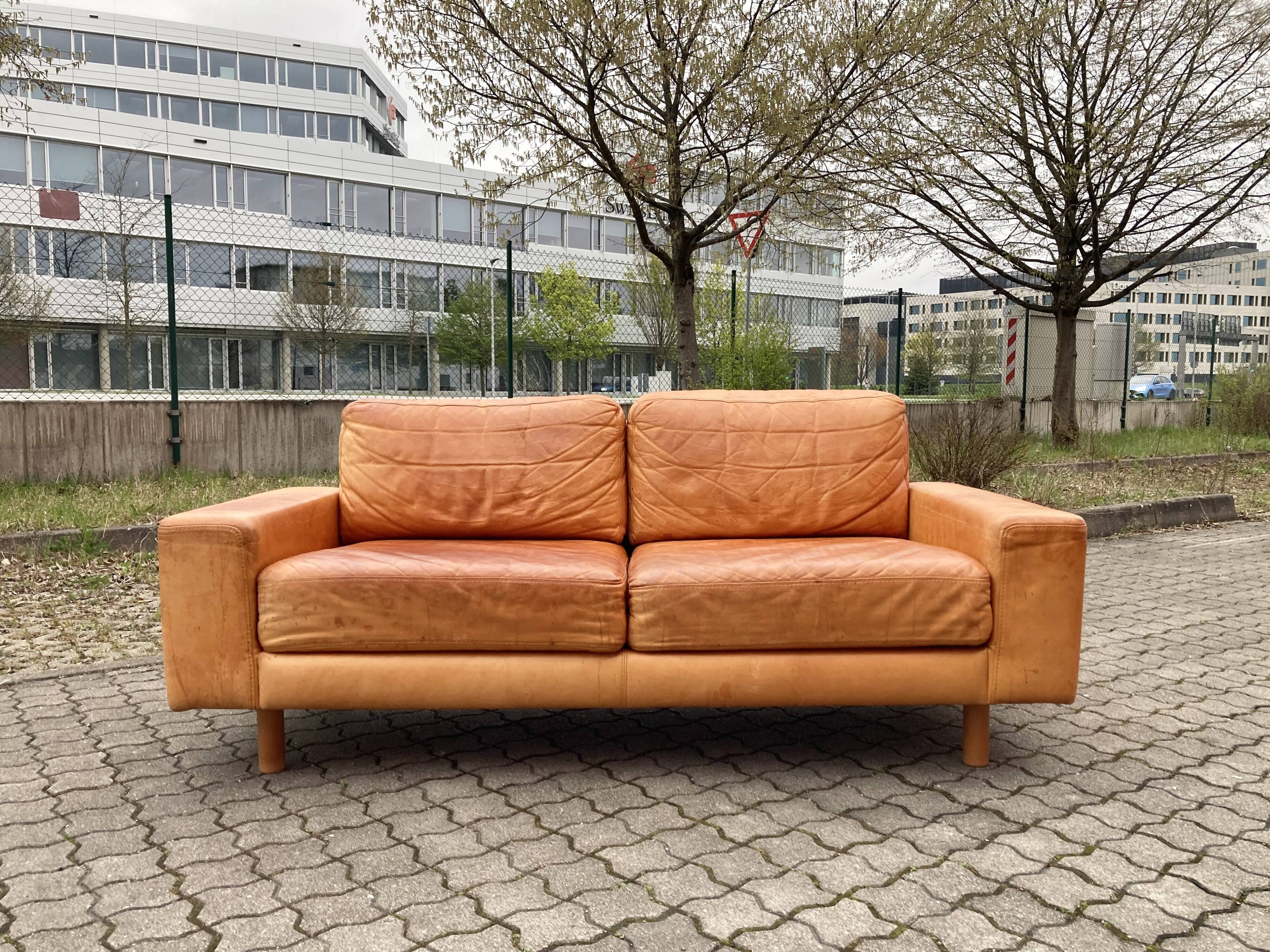 Danish Modern Mid Century Vintage Cognac Leather Sofa