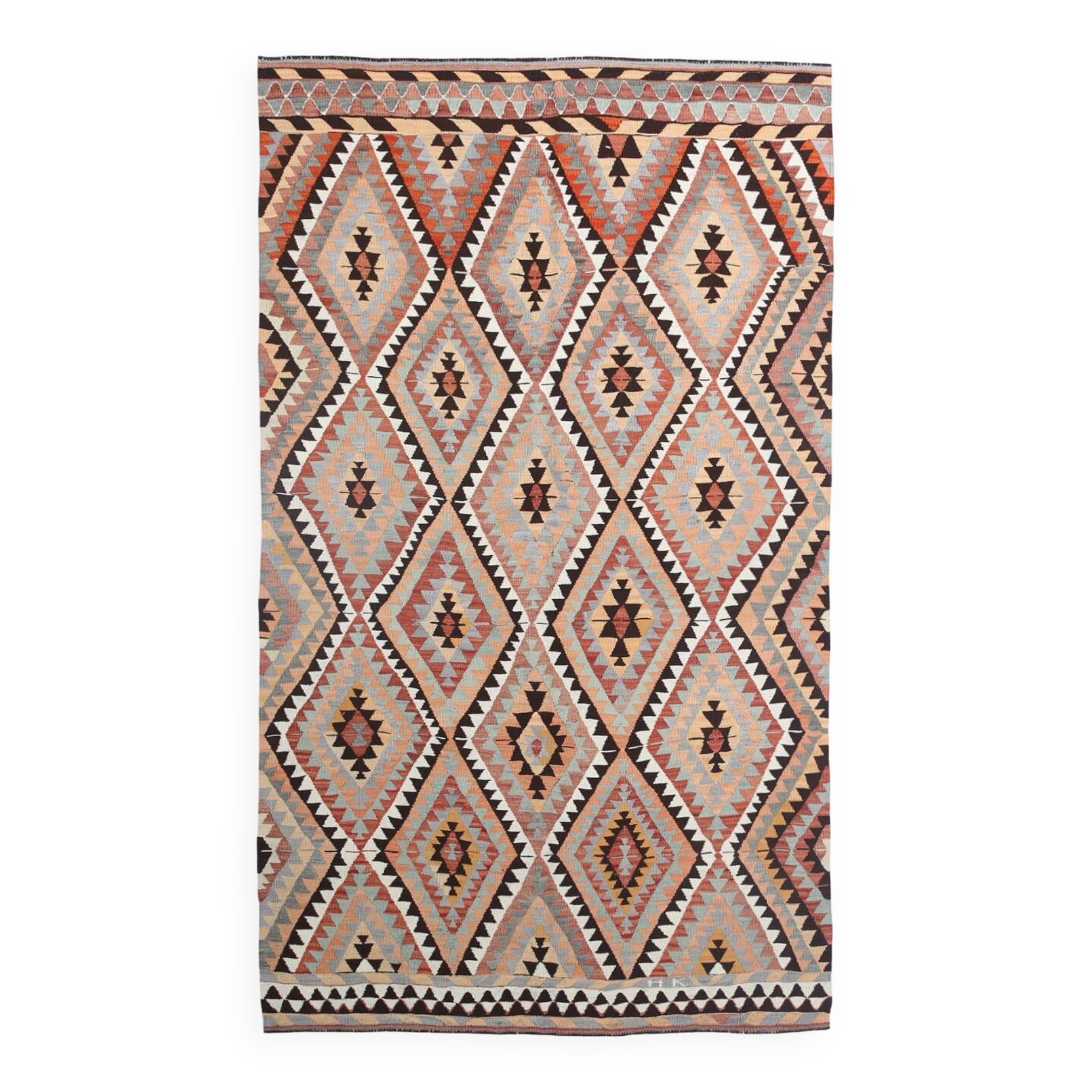 Grand kilim vintage motifs géométriques, tons terre et bleu pastel