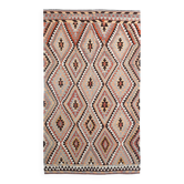 Grand kilim vintage motifs géométriques, tons terre et bleu pastel