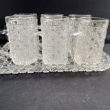 Tray and 6 mugs in blown and molded glass