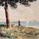 Aquarelle, paysage animé, bord de mer