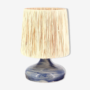 Blue sandstone lamp, raffia lampshade, 1960s