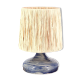 Lampe bleue en grès, abat jour en raphia, années 60