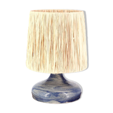 Blue stoneware lamp, raffia shade, 1960s.