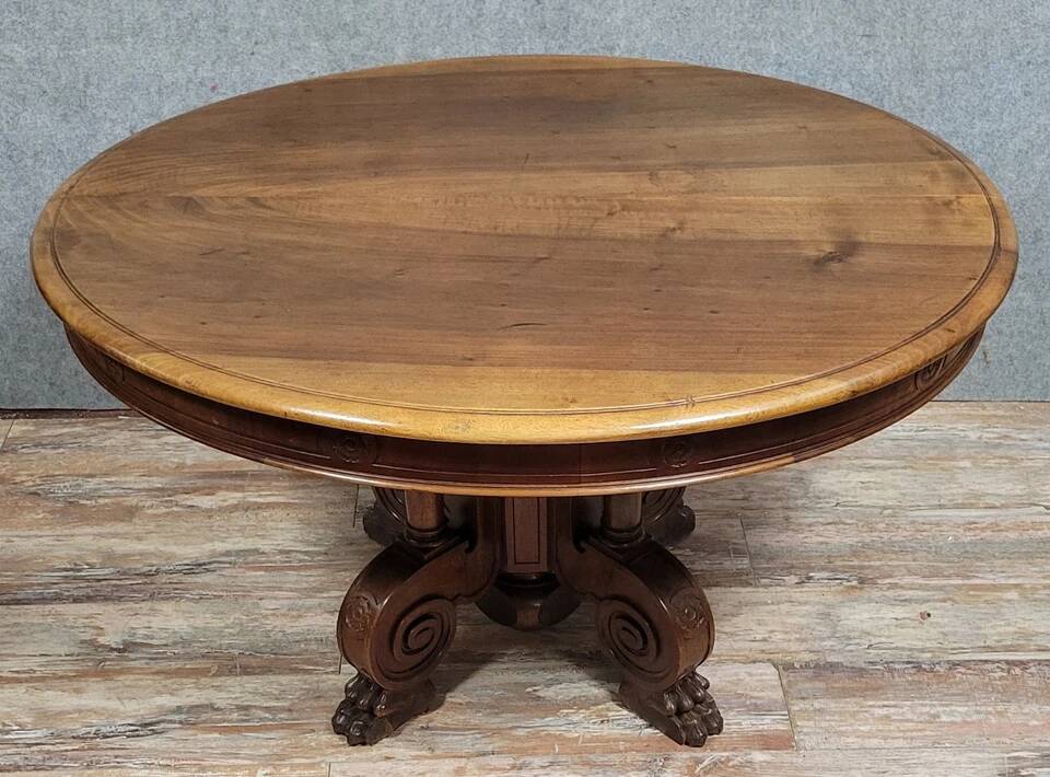 Honoré Dufin: Walnut pedestal table with extensions, stamped Napoleon III period