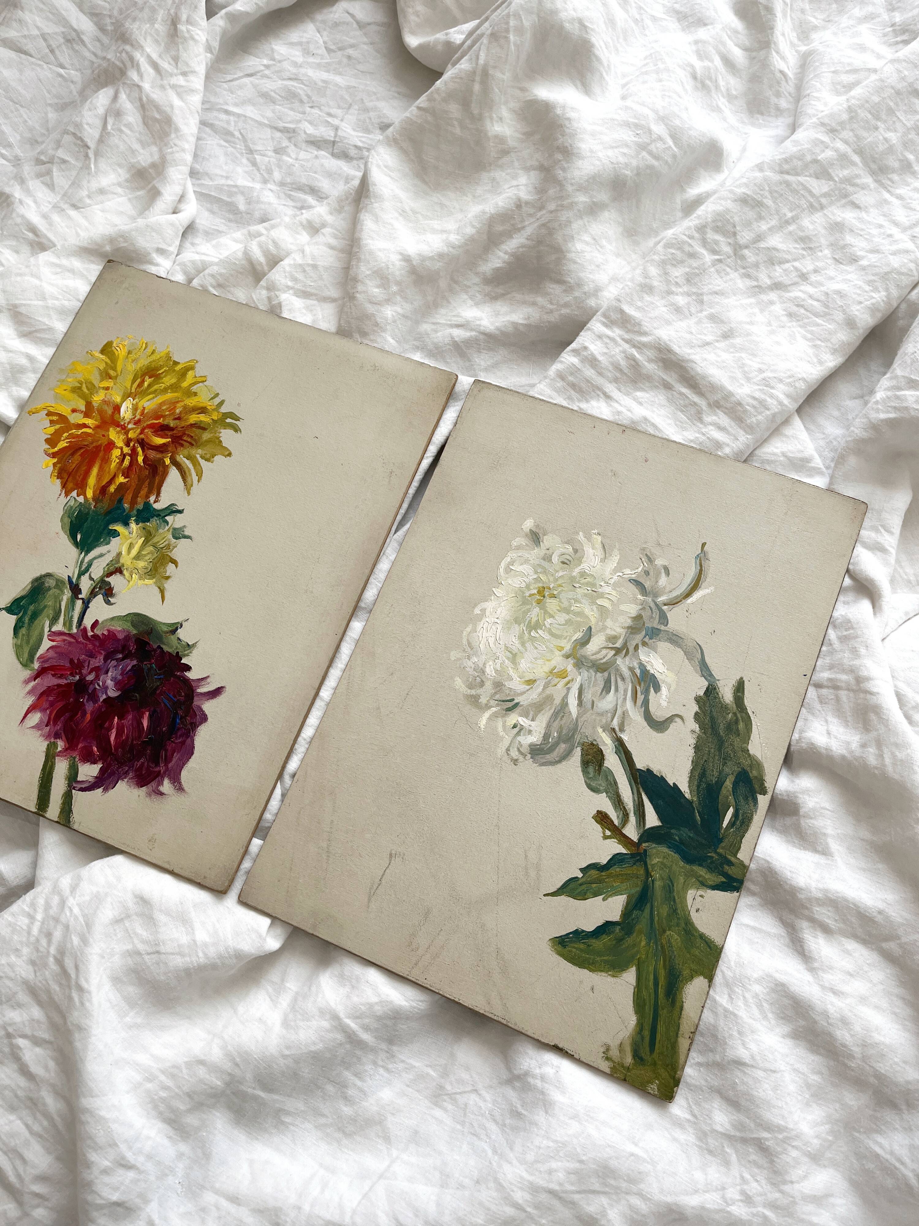 2 paintings on old cardboard dahlia flowers