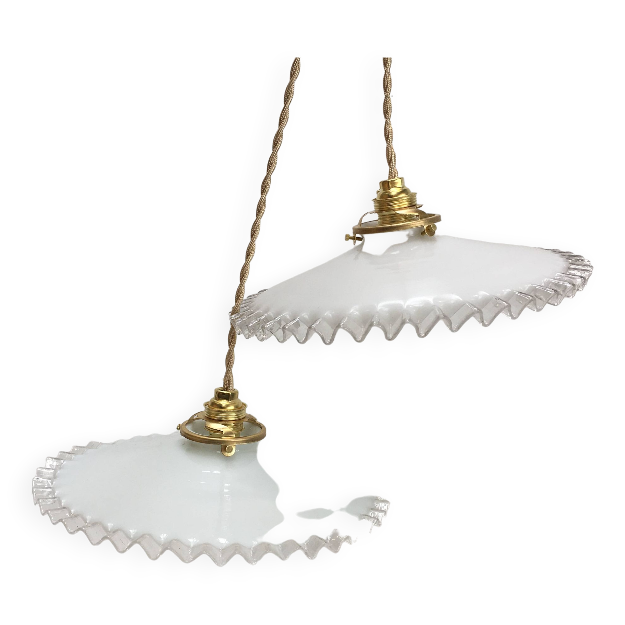 Pair of vintage white opaline pendant lamps with serrated edges
