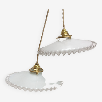 Pair of vintage white opaline pendant lamps with serrated edges