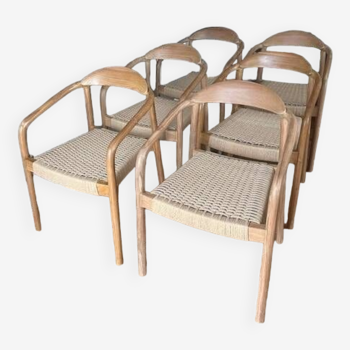 Lot 6 chaises  en bois massif avec assise et accoudoirs tressés