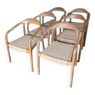 Set of 6 solid wood chairs with woven seat and armrests