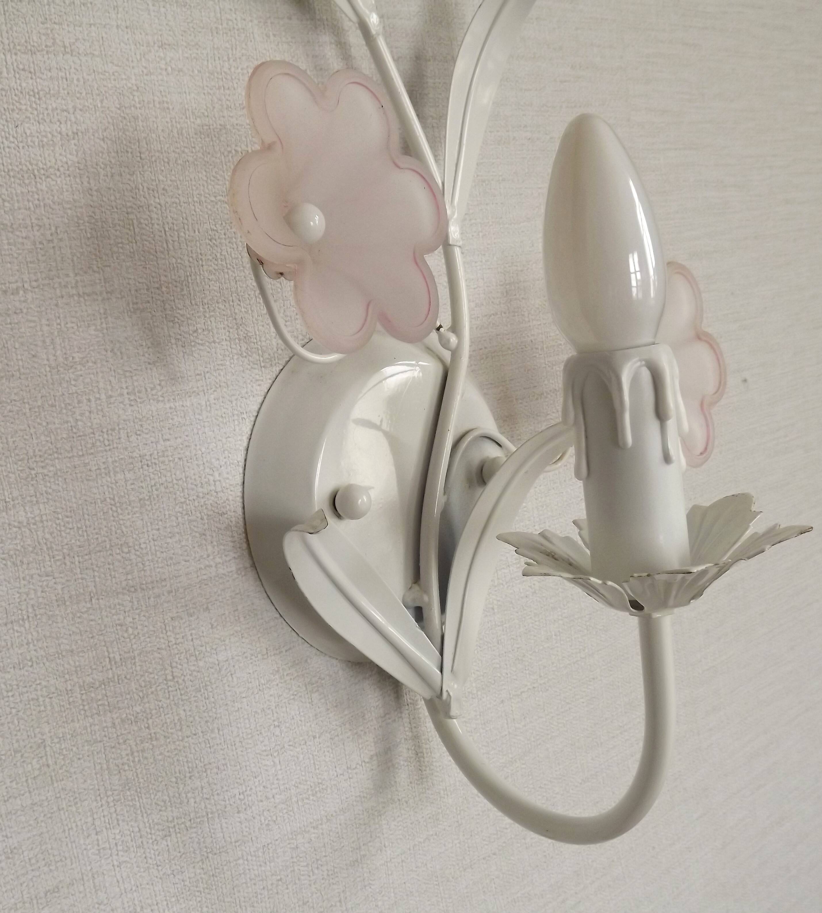 French vintage white metal double wall light with pink glass flowers 5438.