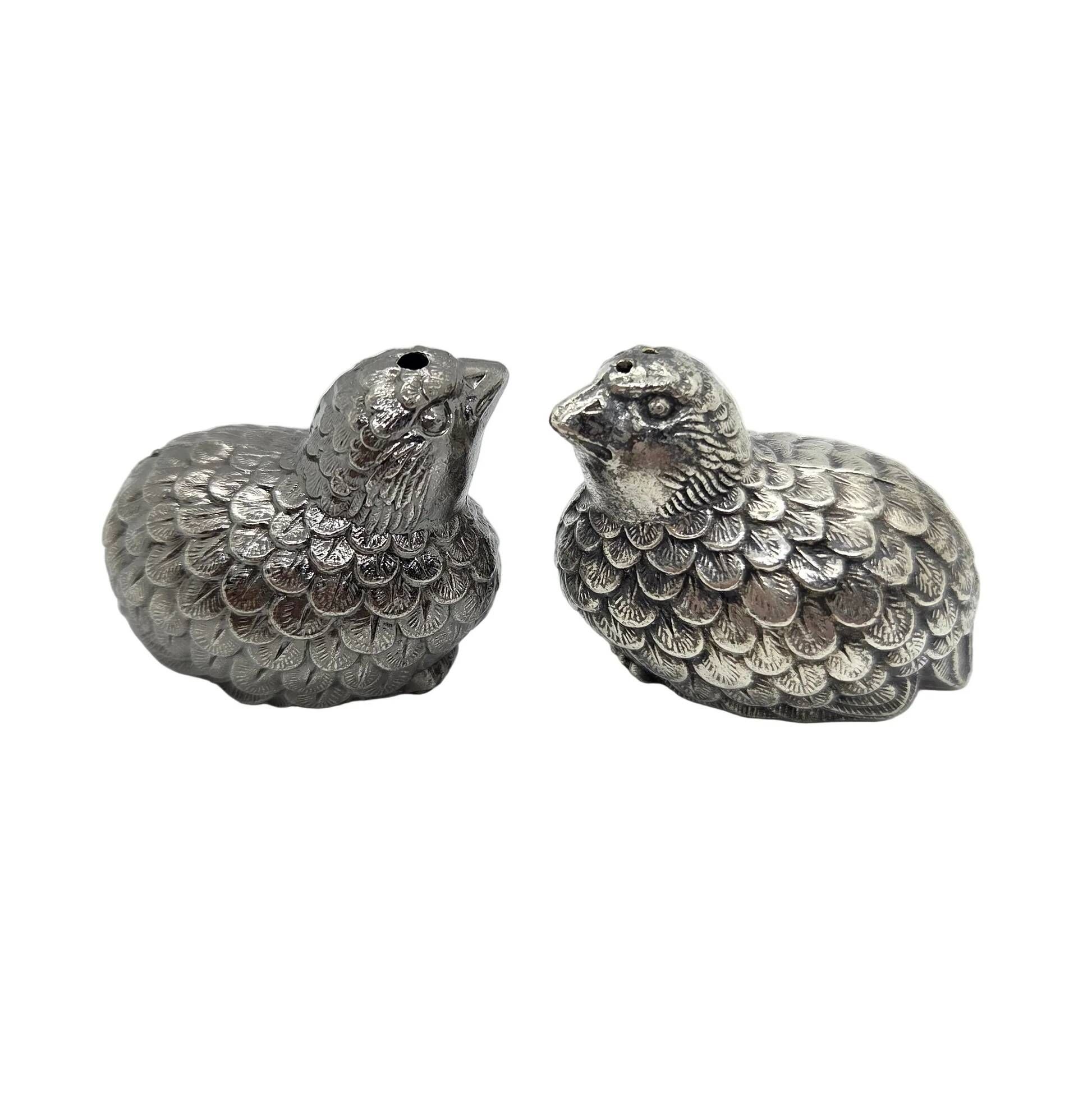 Pair of silver-plated metal bird salt and pepper shakers