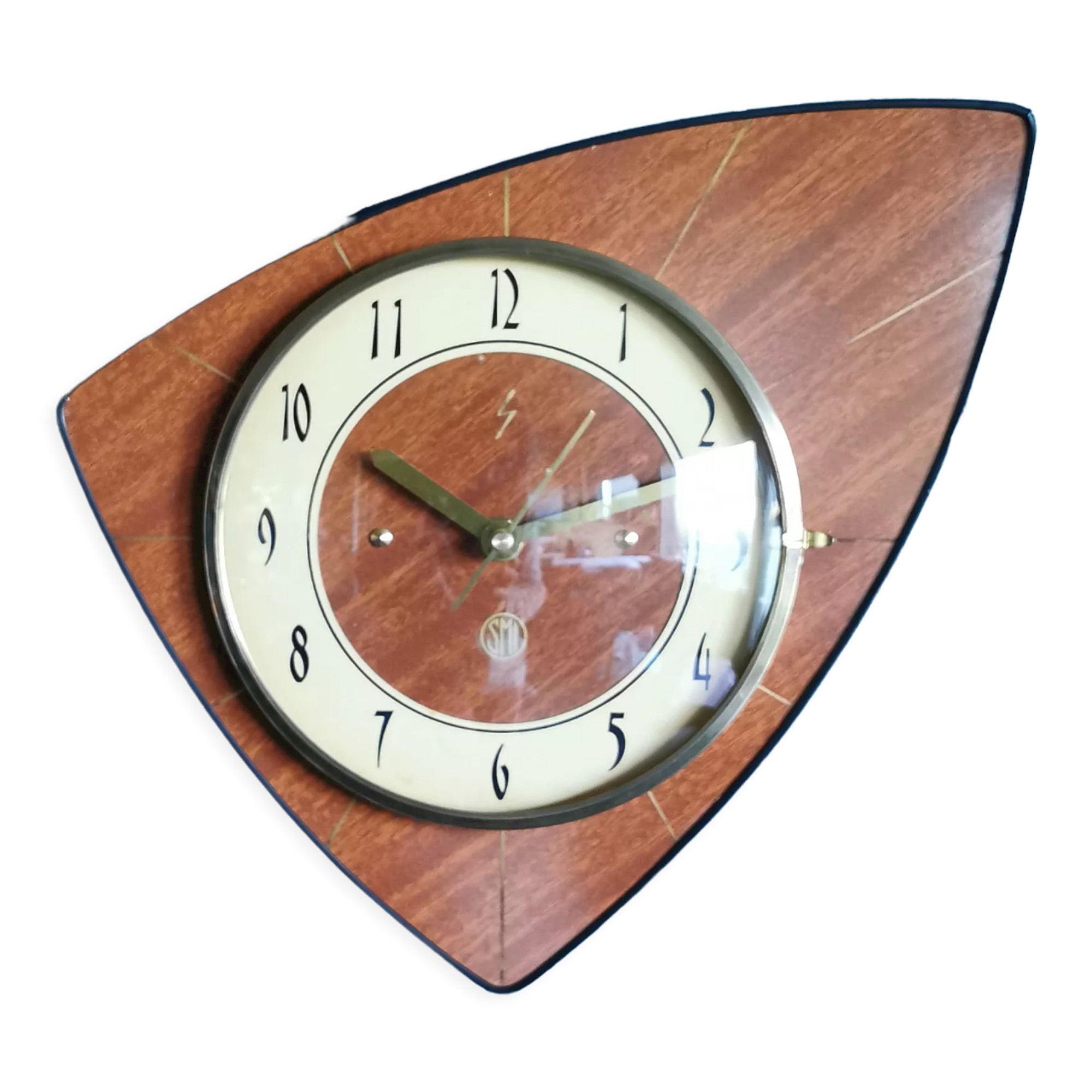 Vintage formica clock asymmetrical silent wall clock "SMI walnut golden lines"