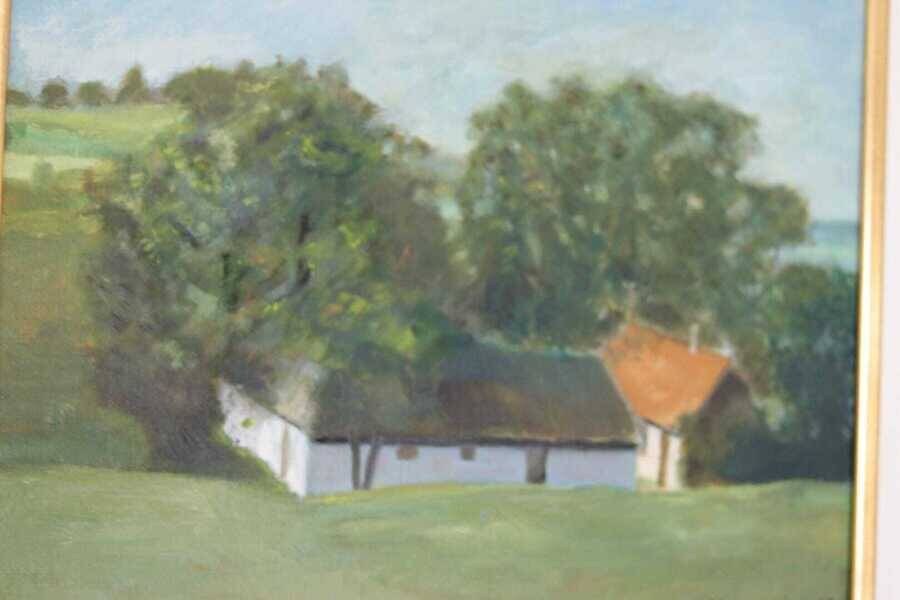 Original Swedish oil on canvas – “Landscape with Farm” by H. Engkvist – dated 1983 – vintage & framed – 41 × 50 cm (16.1" × 19.7")
