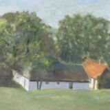 Original Swedish oil on canvas – “Landscape with Farm” by H. Engkvist – dated 1983 – vintage & framed – 41 × 50 cm (16.1" × 19.7")