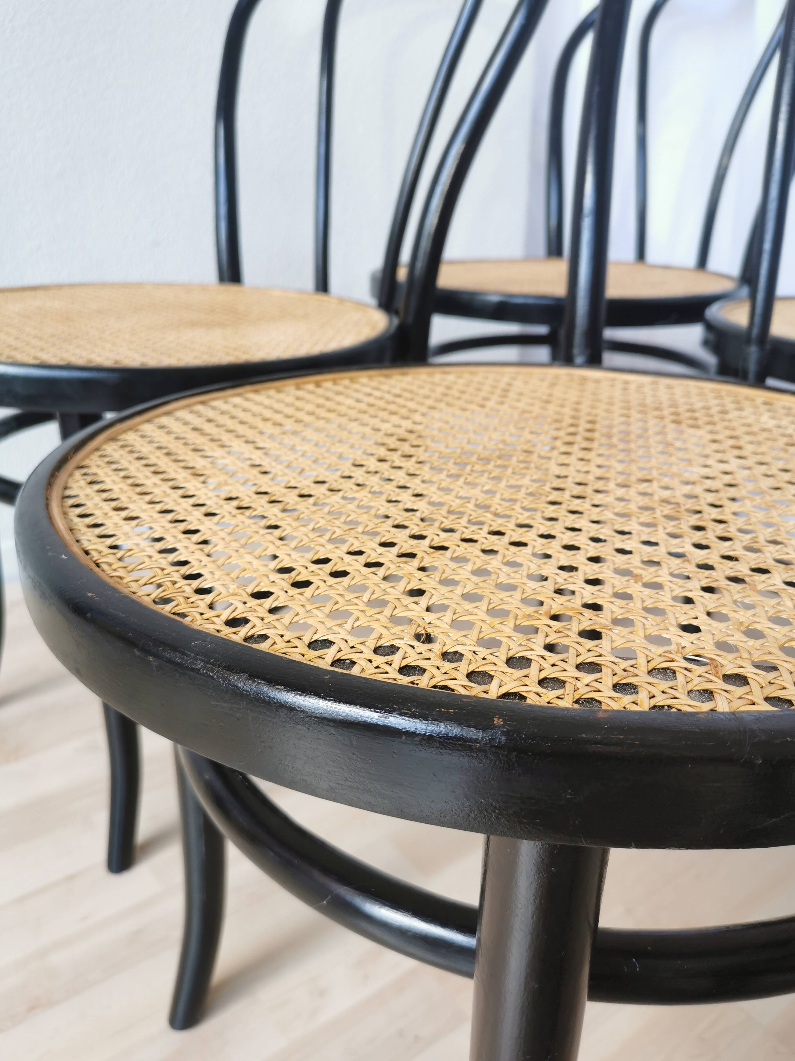 Set of 6 Vintage Thonet Style Dining Chairs: Black Bentwood Cane Seat