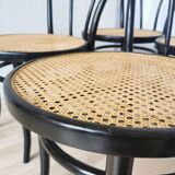 Set of 6 Vintage Thonet Style Dining Chairs: Black Bentwood Cane Seat