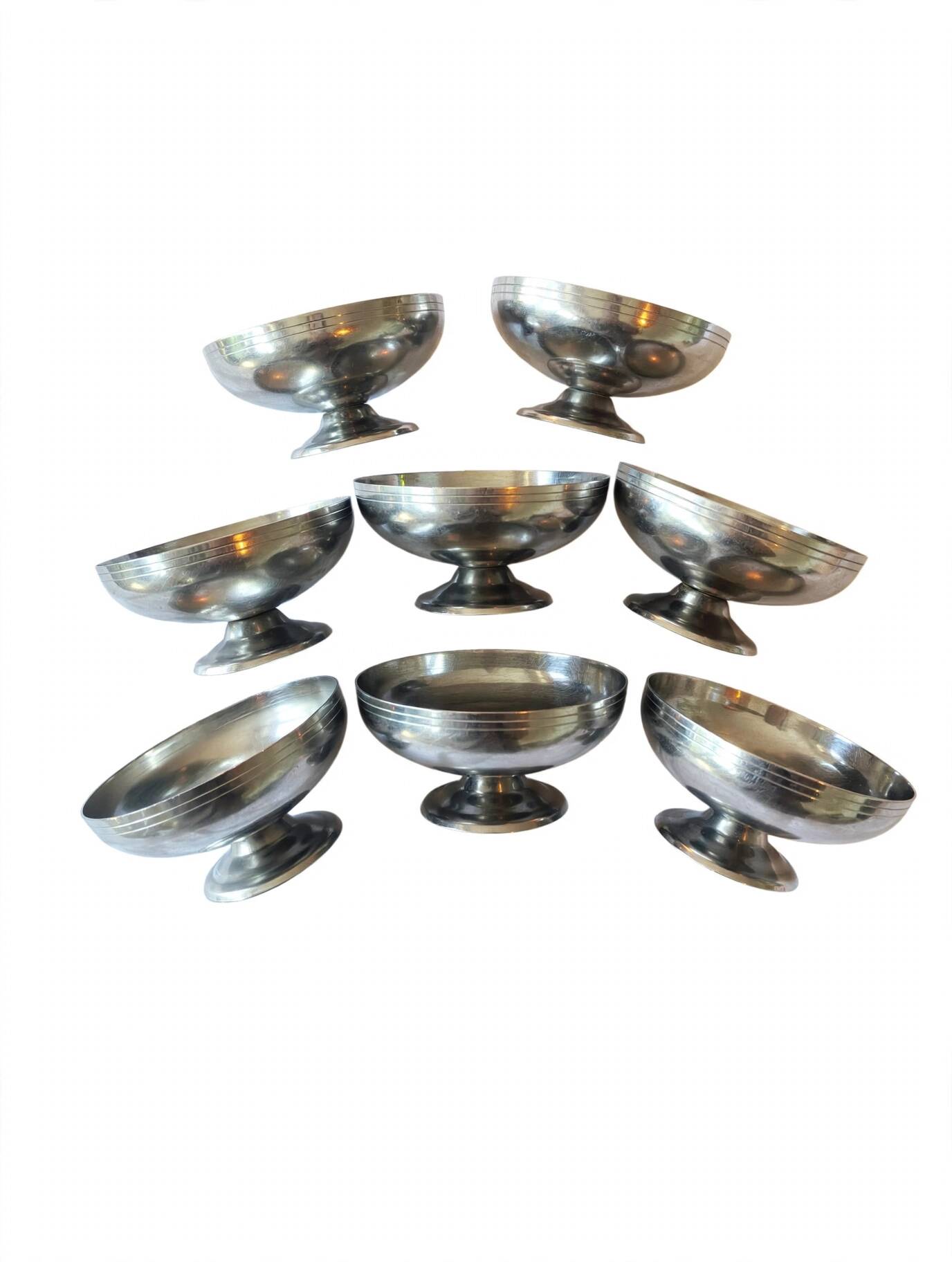 8 vintage 70s ice cream bowls, stainless steel, made in France