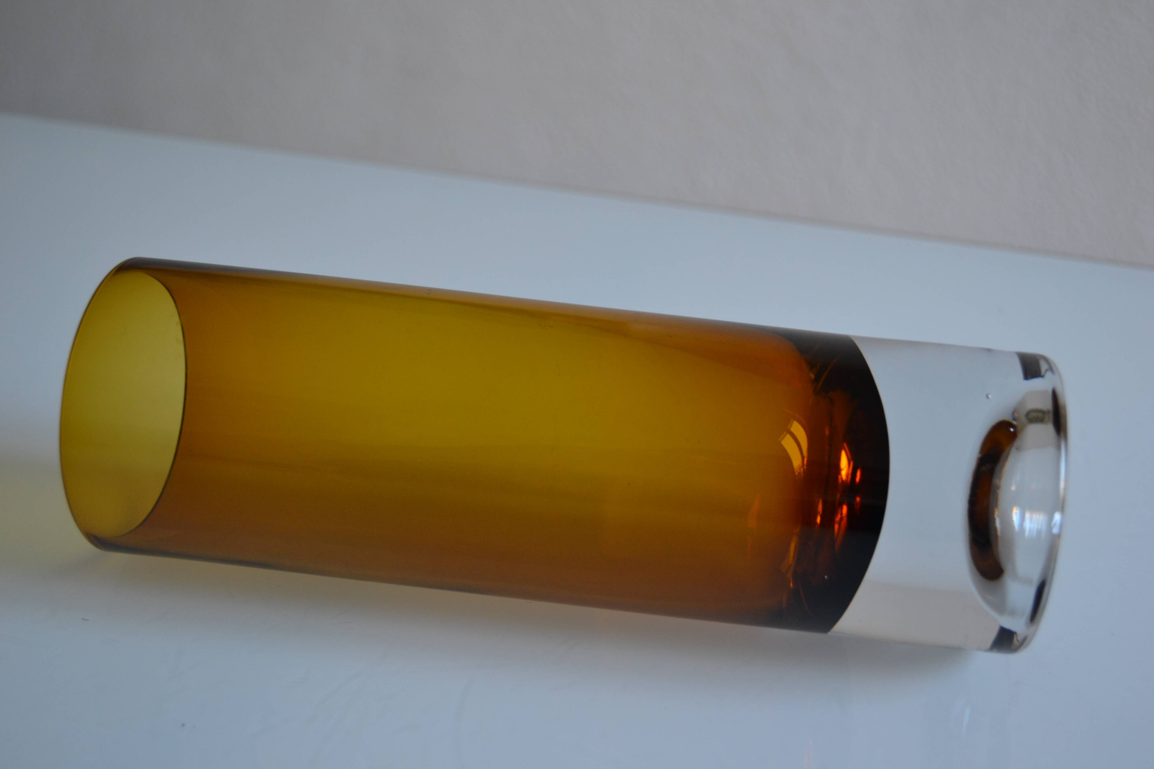Vintage 70s 1970s roll vase, two-tone amber blown glass