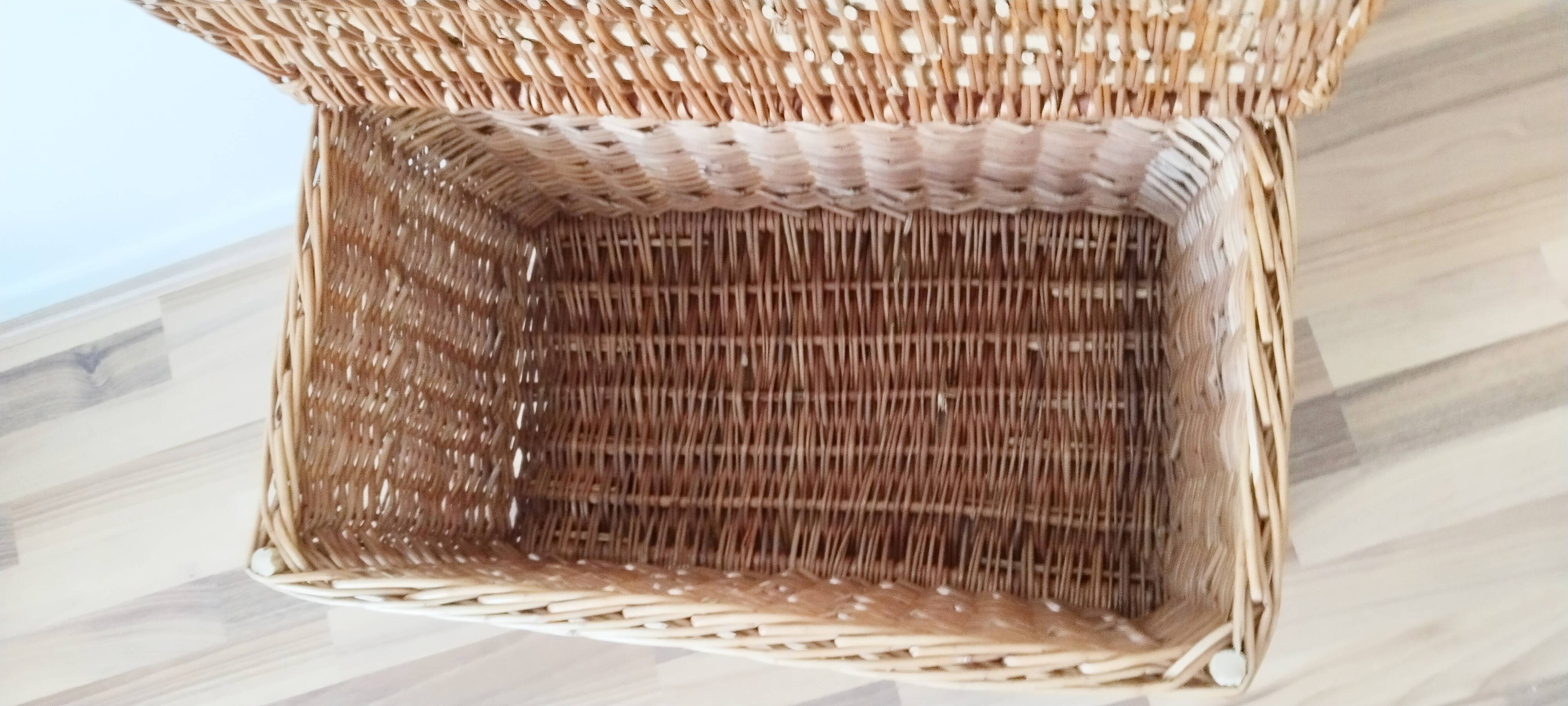 Antique rattan and wicker toy chest, bench, bed end