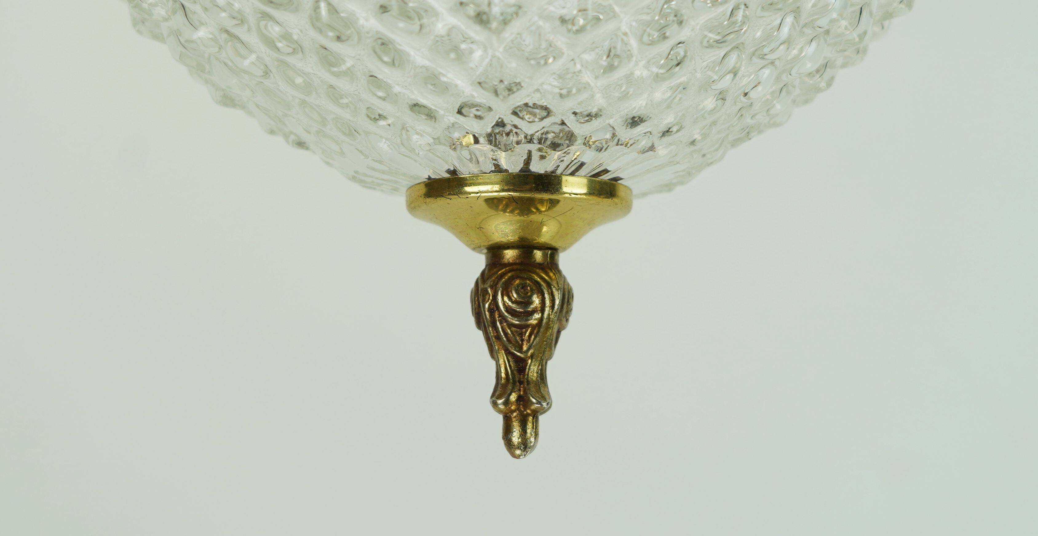 Midcentury ceiling light massive belgium textured glass gold-plated alu 70s