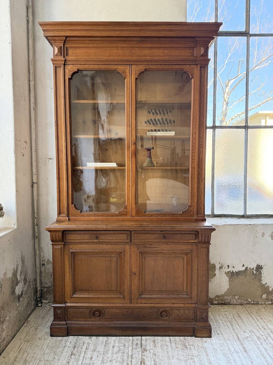 Antique XL Napoleonic oak glass bookcase, 19th century