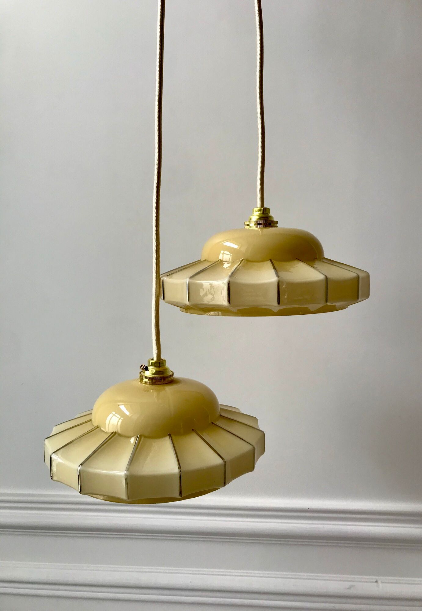 Pair of suspensions in opaline glass cream and silver border art deco 30s