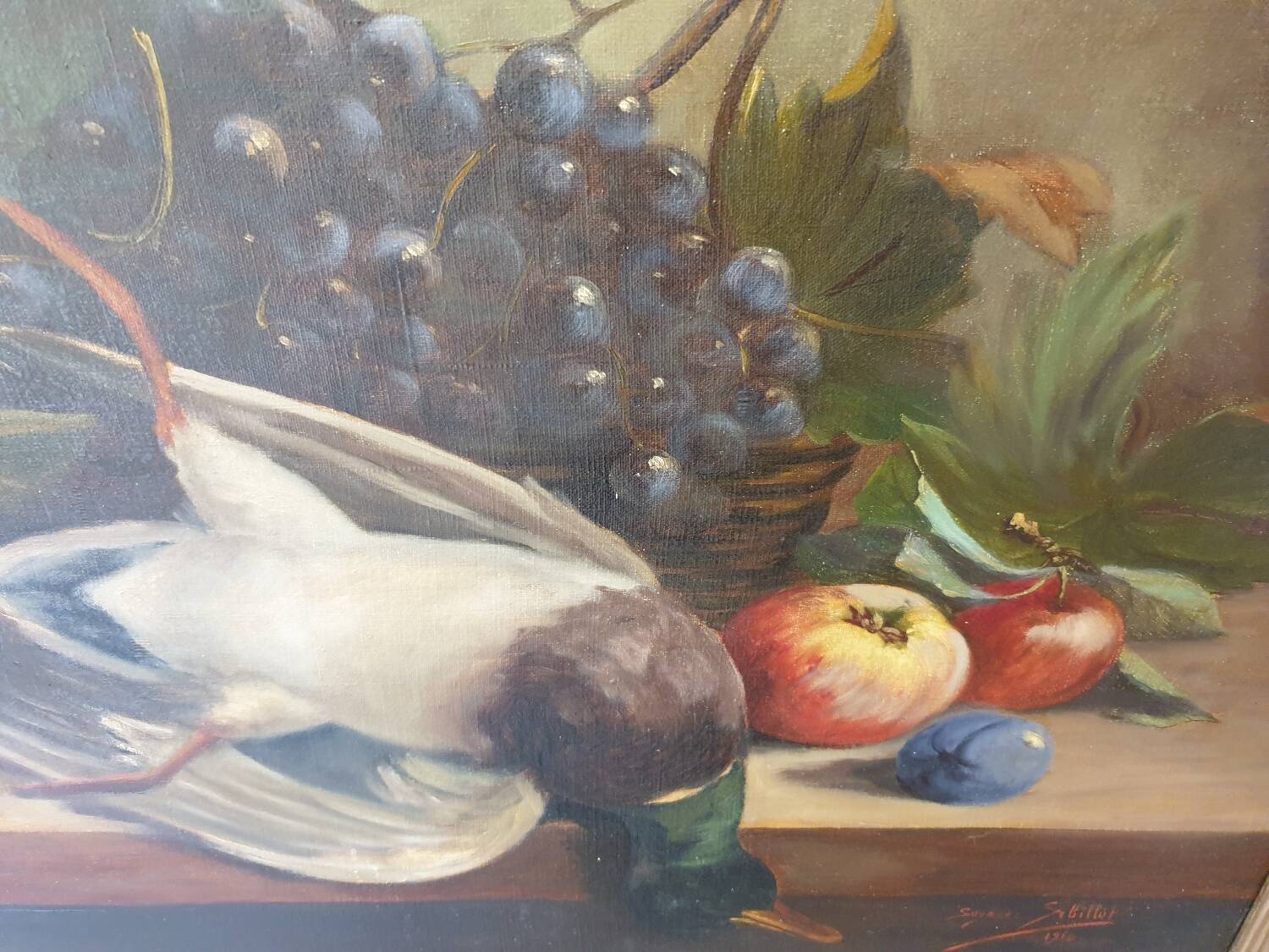 Still Life with Grapes and Game, signed, 1913
