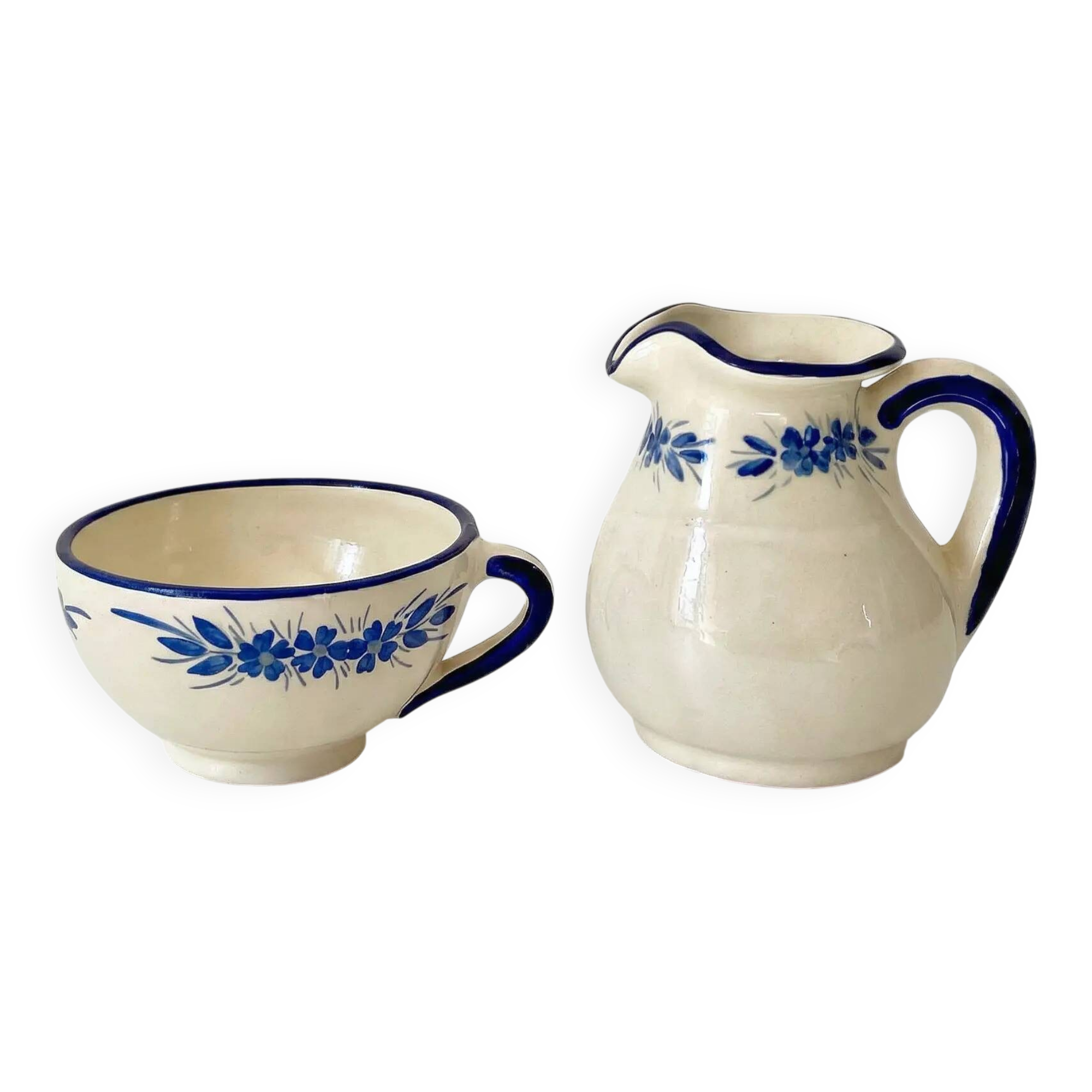 Handcrafted ceramic pitcher and bowl signed – blue decor – vintage tableware