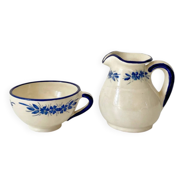 Pichet et bol en céramique artisanale signée –décor bleu- vaisselle vintage