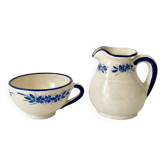 Pichet et bol en céramique artisanale signée –décor bleu- vaisselle vintage