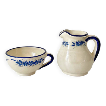 Pichet et bol en céramique artisanale signée –décor bleu- vaisselle vintage